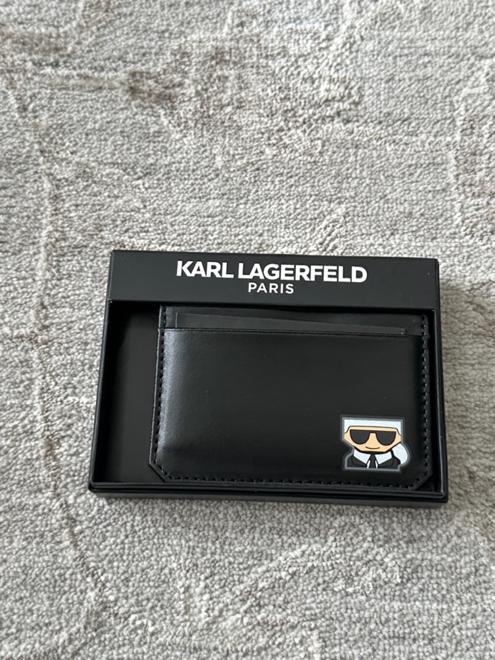 Karl Lagerfeld Black Leather Card Holder with Character Patch. NWT’s.